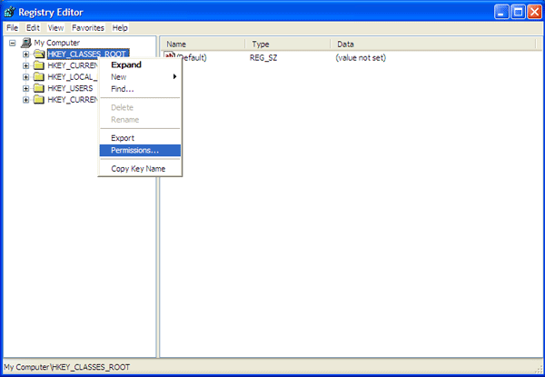 Chuột phải vào thư mục HKEY_CLASSES_ROOT ở bên tay trái, và chọn Permissions