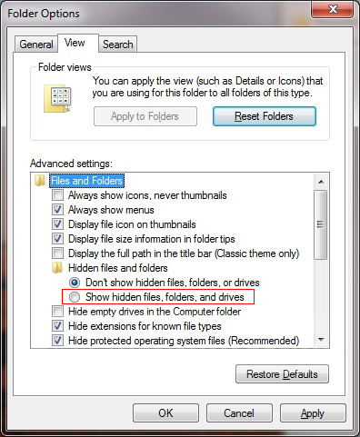 Tích vào Show Hidden Files, Folders and Drivers